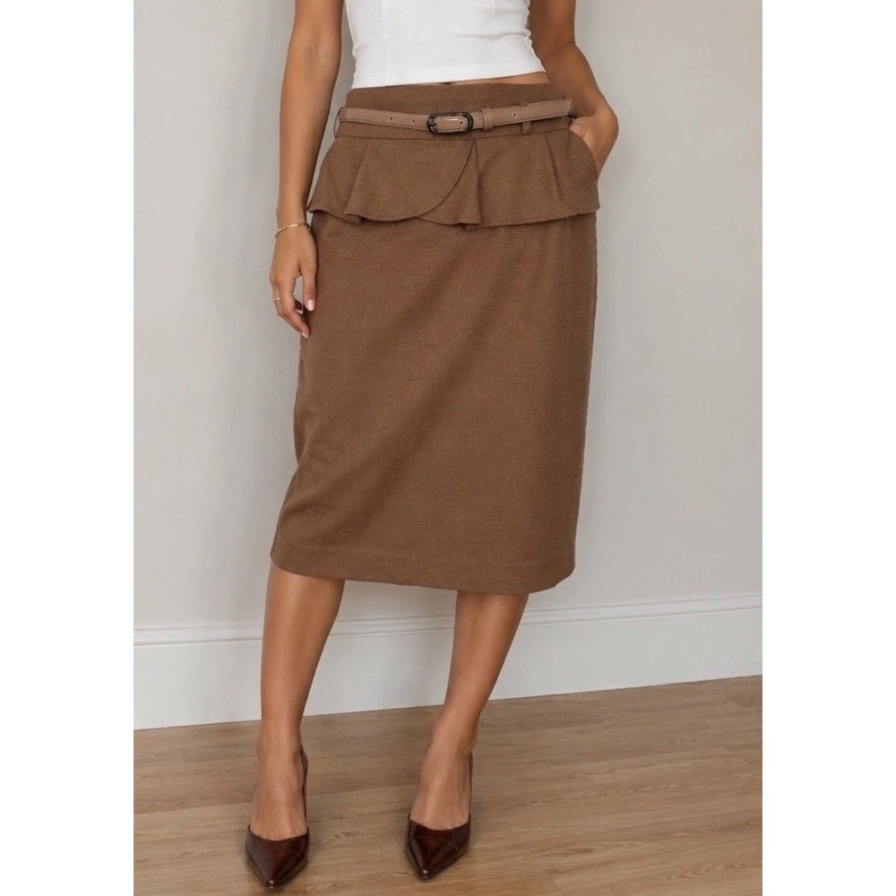 Naracamicie Womens 90s Y2K Vintage Wool Blend Pencil Skirt Size 3 Brown Ruffle